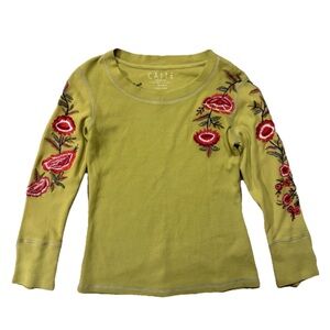 Caite x Athleta Green Thermal Waffle Knit Floral Embroidered Long Sleeve Size S